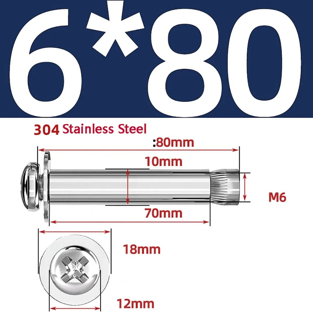 M6 M8 M10 Stainless Steel Expansion Screws — Round Head Phillips Drive, 40–100mm