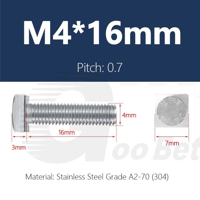 M4 T - Bolts for T - Slot Aluminum Extrusion — Square Head Stainless Steel 304 (A2), M4×12mm to M4×30mm - HomeDIYer