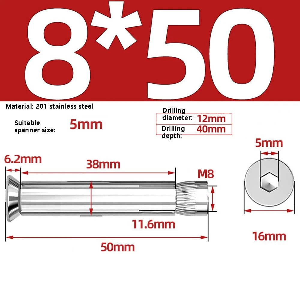 M6–M12 Countersunk Expansion Bolts | 201 Stainless Steel Hex Socket Sleeve Anchors