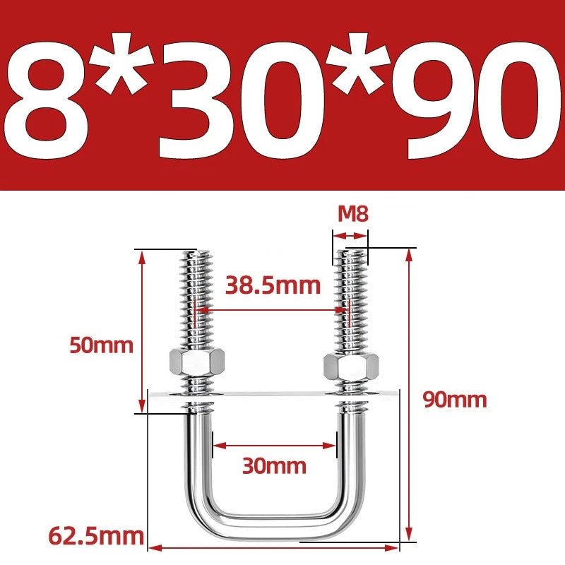 M8 Square U - Bolts Stainless Steel A2 with Plates and Nuts — Multiple Sizes - HomeDIYer