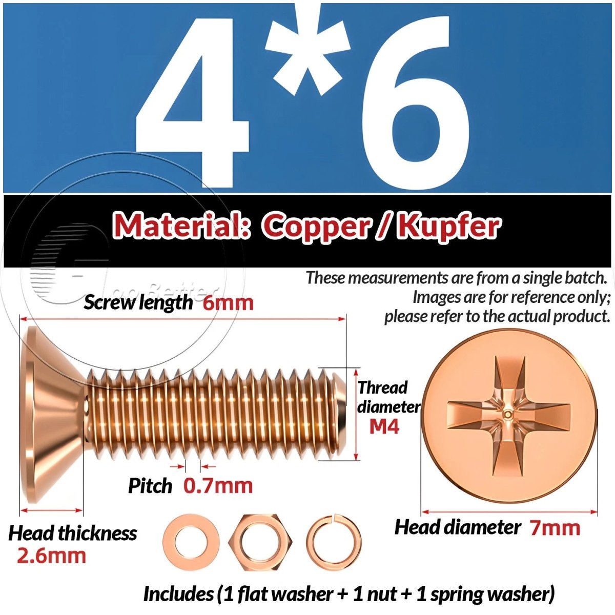 T2 Copper Pozi Countersunk Machine Screws with Flat Washer & Nut | M3–M10 - HomeDIYer