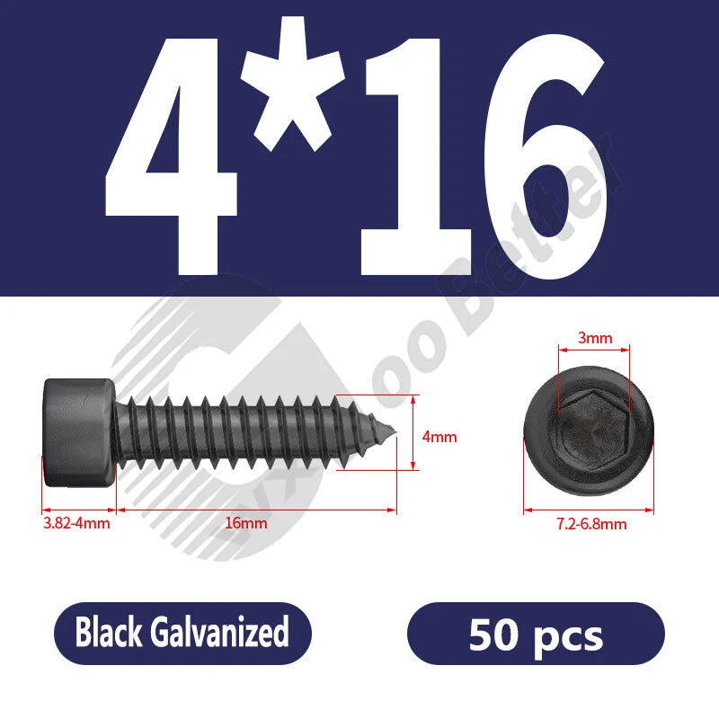 M1.7 M2 M2.3 M2.6 M3 M3.5 M4 M5 M6 Socket Head Self‑Tapping Screws – Alloy Steel, Nickel or Black Zinc