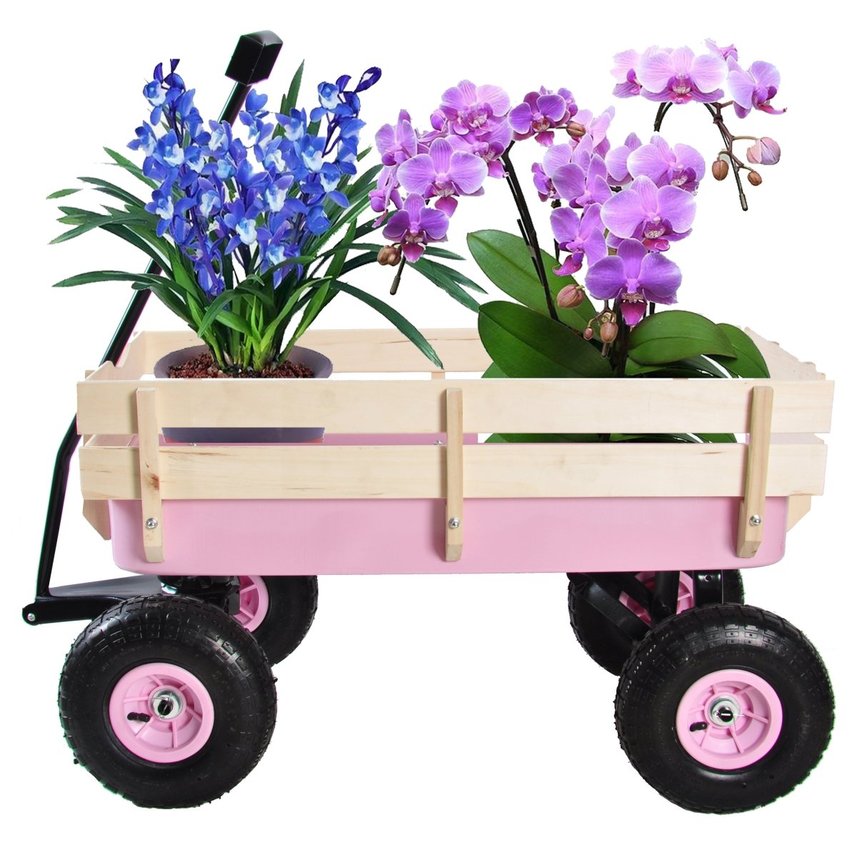 Outdoor Wagon All Terrain Pulling w/Wood Railing Air Tires Garden Cart - HomeDIYer