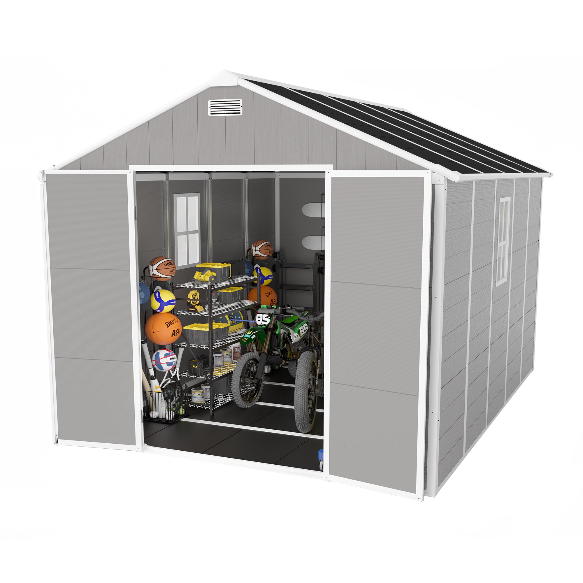 8*10 ft Resin Storage Shed, High Quality Pp Material, Strong Structure, Waterproof, Rust And Uv Proof, Large Storage Space, 12mm Thick Pp Board, Hd Window Lighting