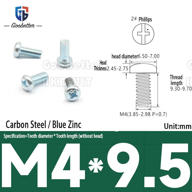 Pan Head Round Head Machine Screws Phillips Drive Bolts M3.5 M4 Carbon Steel