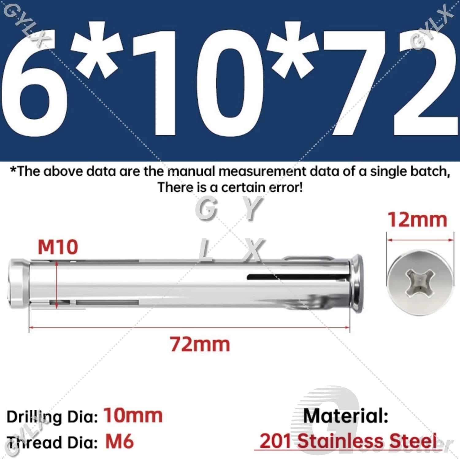 M6 Countersunk Sleeve Anchor Expansion Bolts — 304 / 201 Stainless Steel, Cross Drive