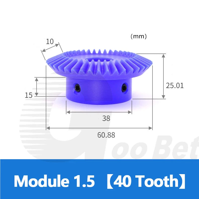 Module 1.5 Straight Bevel Gear Nylon 15 - 40 Tooth 1:2 Pairing 6-20mm Bore Blue