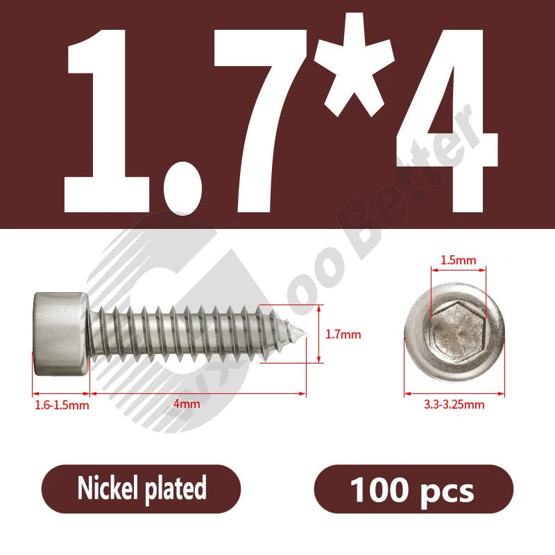M1.7 M2 M2.3 M2.6 M3 M3.5 M4 M5 M6 Socket Head Self‑Tapping Screws – Alloy Steel, Nickel or Black Zinc
