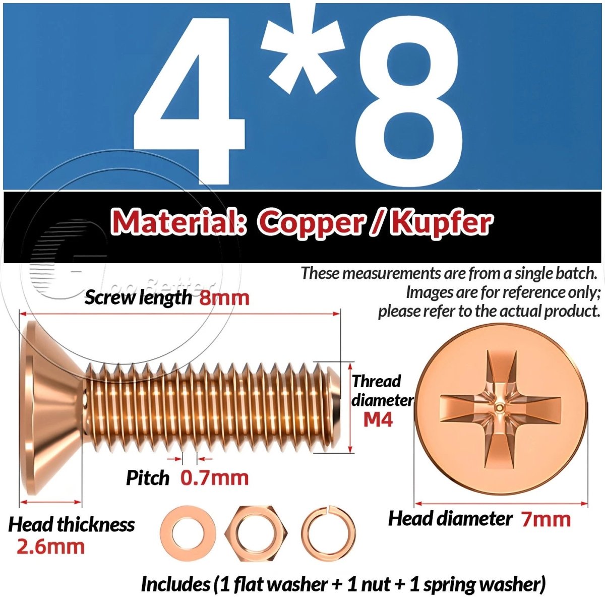 T2 Copper Pozi Countersunk Machine Screws with Flat Washer & Nut | M3–M10 - HomeDIYer