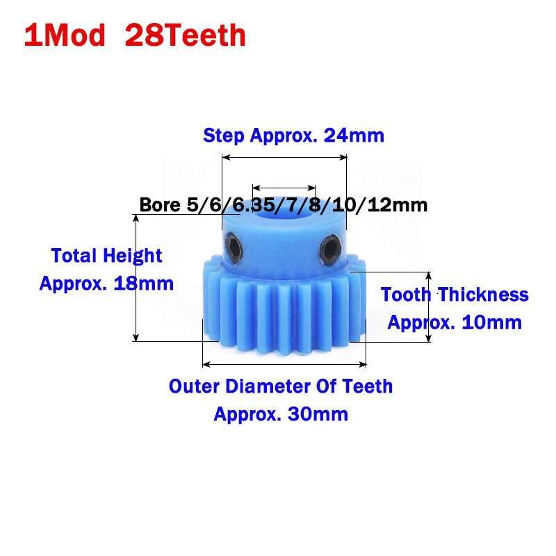 1 Mod Blue Nylon Spur Gear 16-50T Bore 4-20mm Pinion Gear Motor Gear With Step