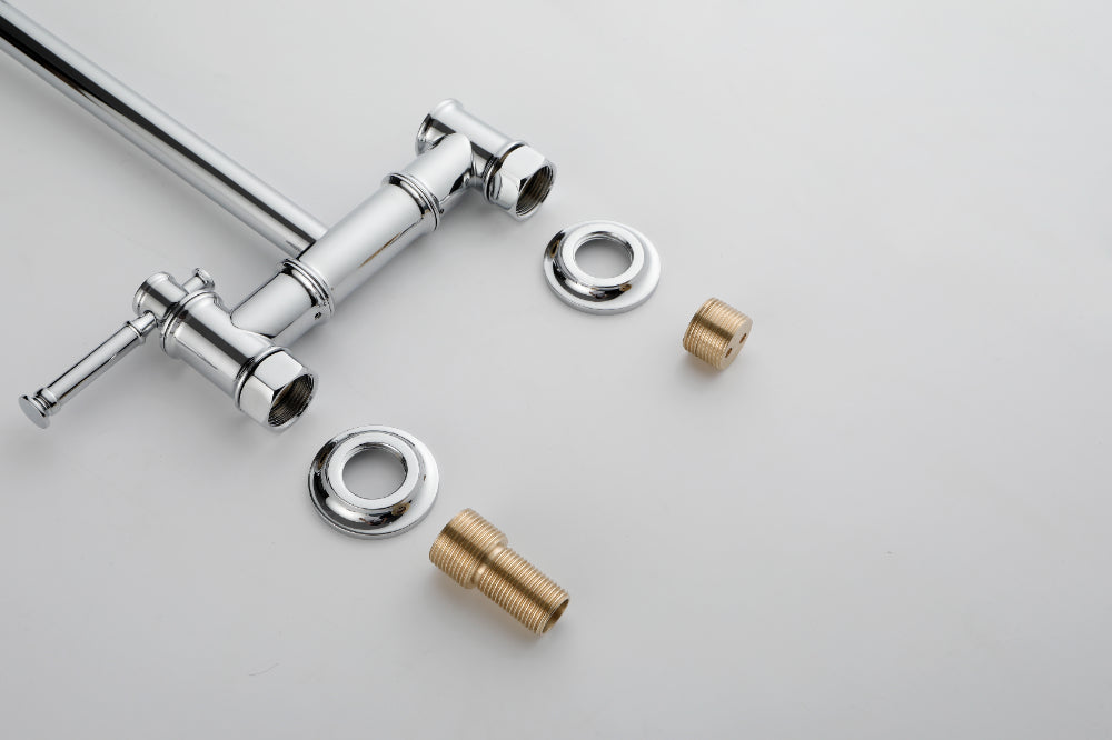 Wall Mounted Pot Filler Faucet – Chrome, Two-Attachment Folding Swing Arm, Dual Handle, Solid Brass