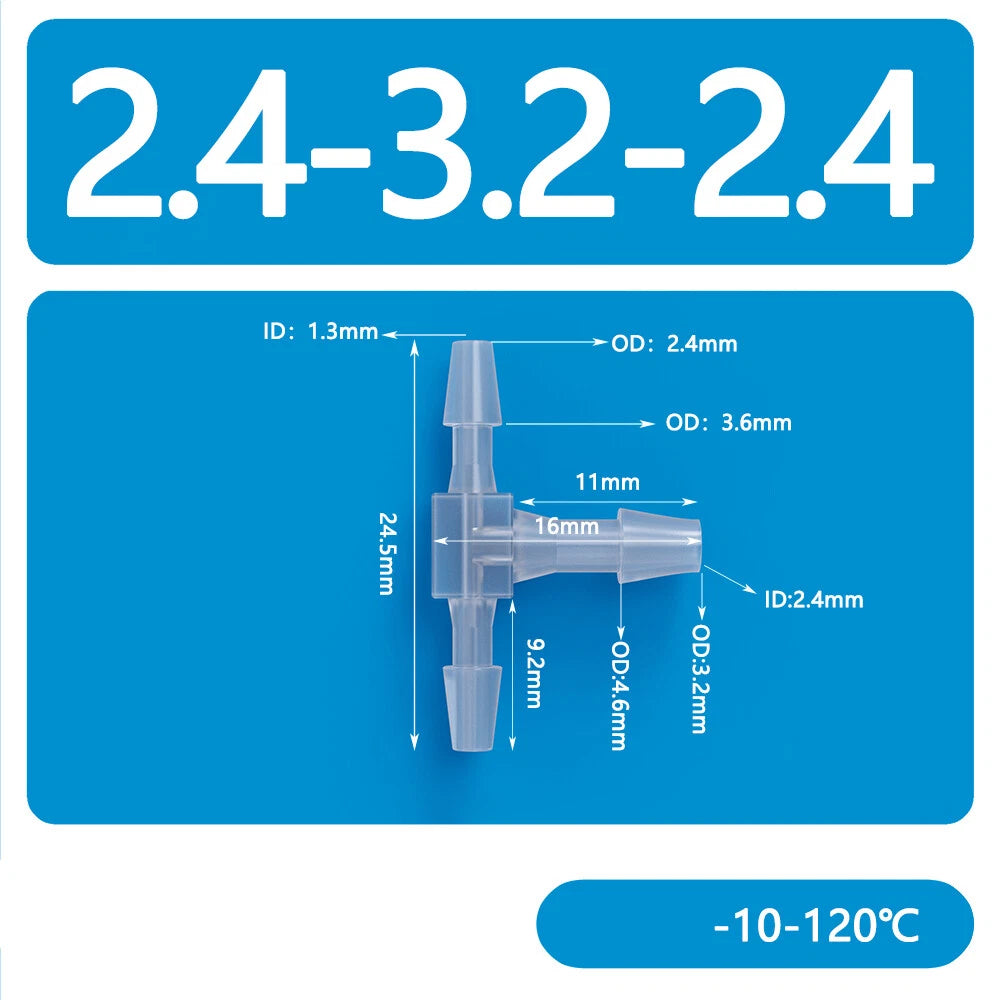 Plastic T-Type Barb Reducing Hose Fitting | 3-Way Tube Connector 1.6mm–14mm
