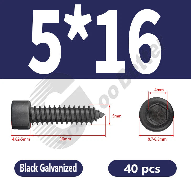 M1.7 M2 M2.3 M2.6 M3 M3.5 M4 M5 M6 Socket Head Self‑Tapping Screws – Alloy Steel, Nickel or Black Zinc