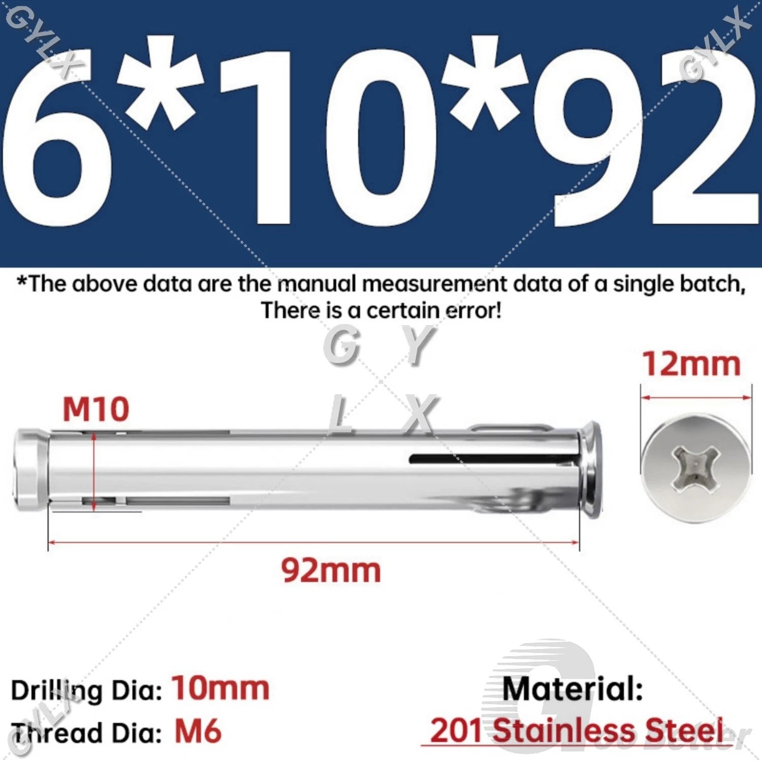 M6 Countersunk Sleeve Anchor Expansion Bolts — 304 / 201 Stainless Steel, Cross Drive