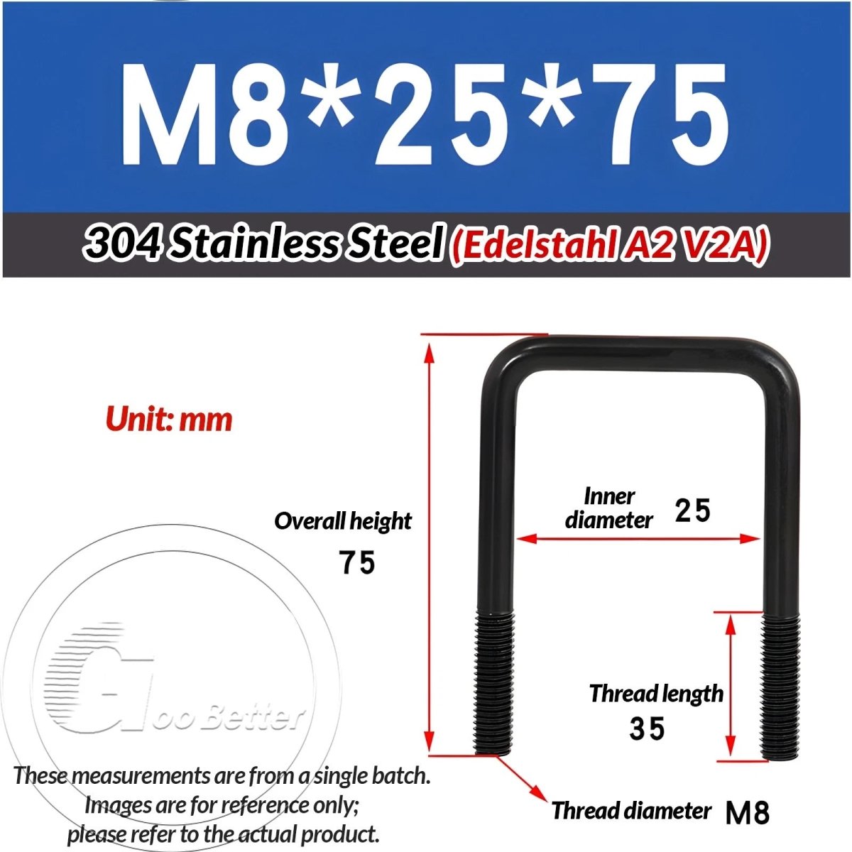 Black Square U - Bolts 304 Stainless Steel Fixing Clamp — M6 M8 M10 - HomeDIYer