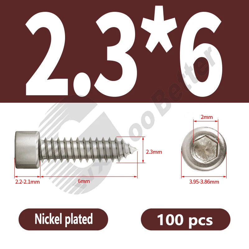 M1.7 M2 M2.3 M2.6 M3 M3.5 M4 M5 M6 Socket Head Self‑Tapping Screws – Alloy Steel, Nickel or Black Zinc