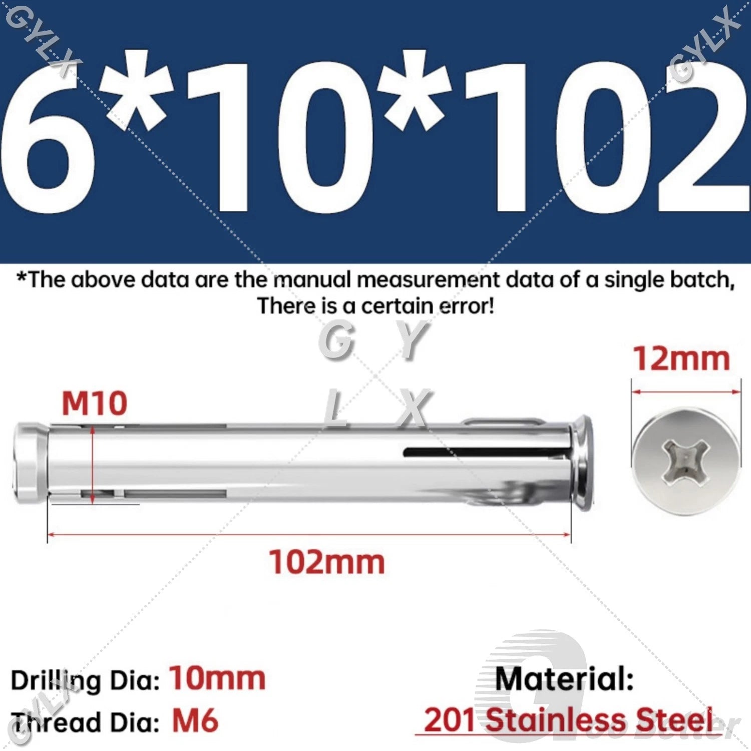M6 Countersunk Sleeve Anchor Expansion Bolts — 304 / 201 Stainless Steel, Cross Drive