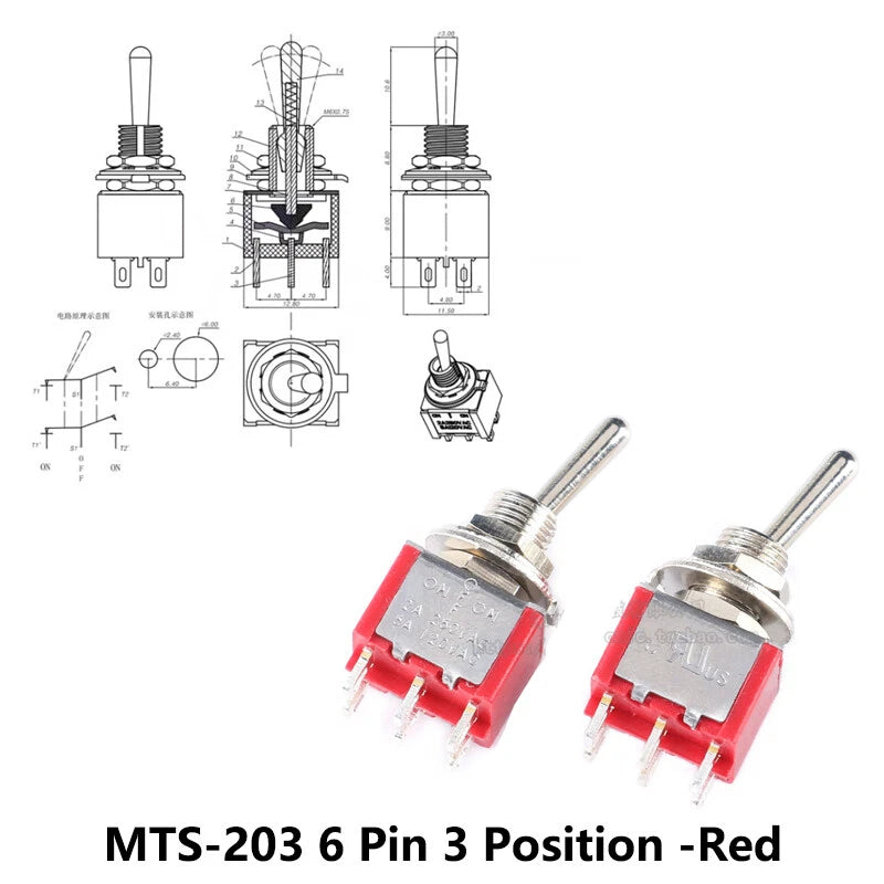 MTS Series Toggle Switch 3–12 Pin | On-On / On-Off-On | Blue & Red