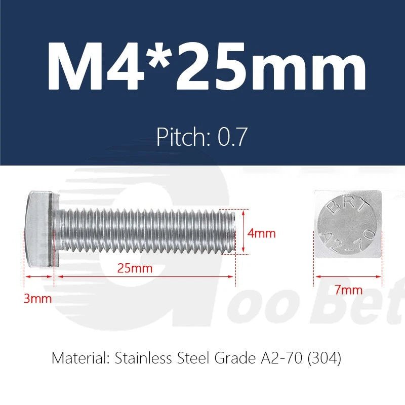 M4 T - Bolts for T - Slot Aluminum Extrusion — Square Head Stainless Steel 304 (A2), M4×12mm to M4×30mm - HomeDIYer