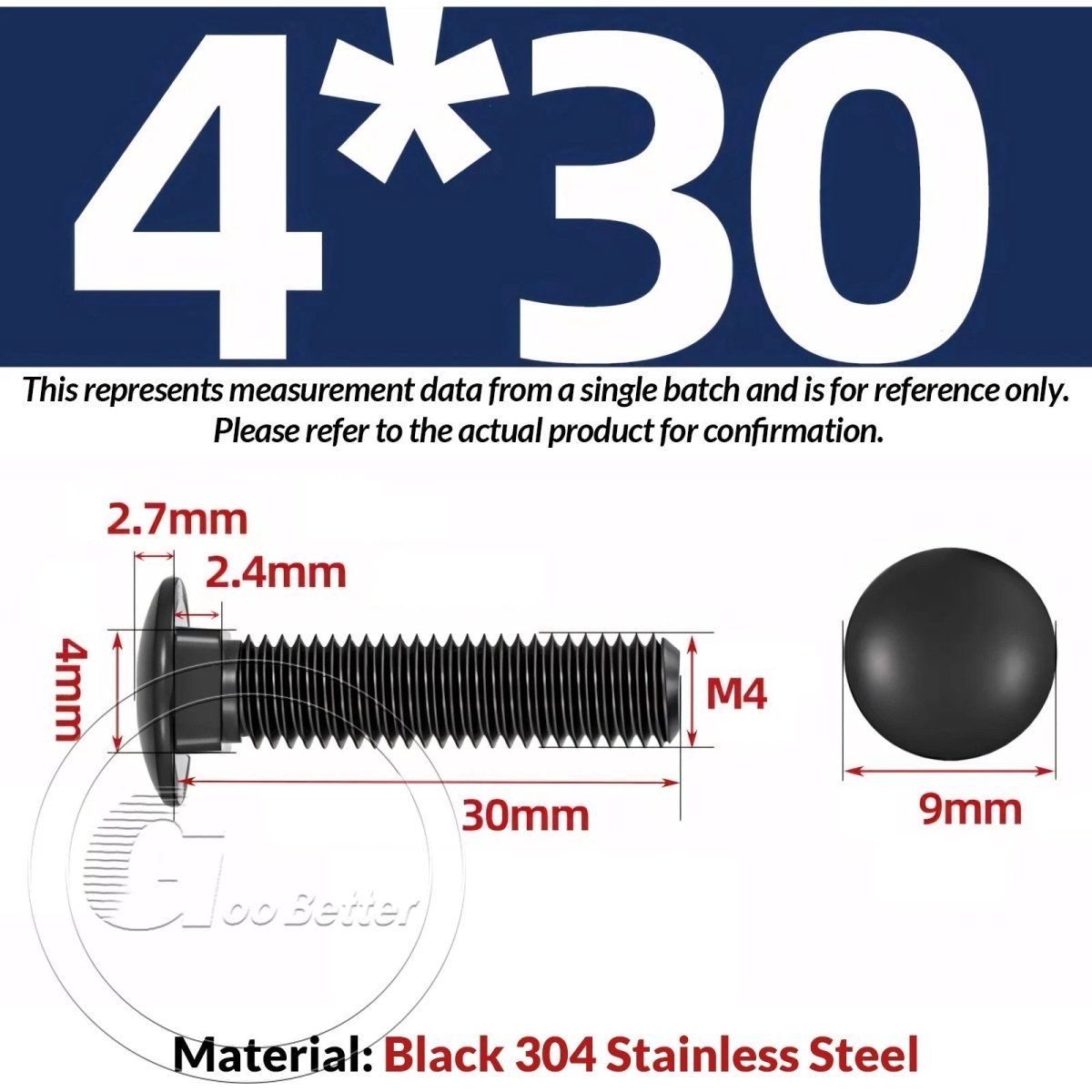 Black Carriage Bolts M3 M4 M5 M6 — Cup Square Domed Head, A2 - 70 Stainless Steel - HomeDIYer