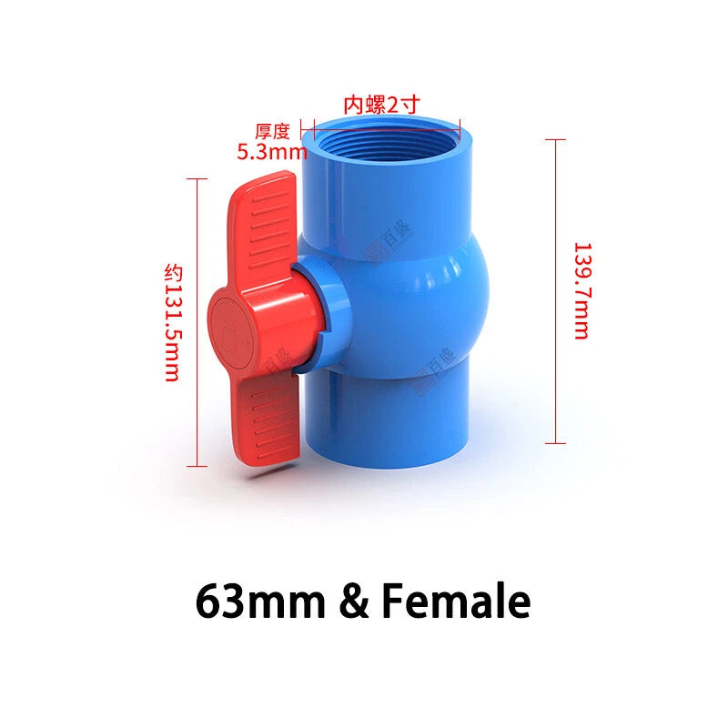 PVC Pipe Fittings 20mm-110mm Ball Valve Socket Solvent Weld-Female Thread Blue