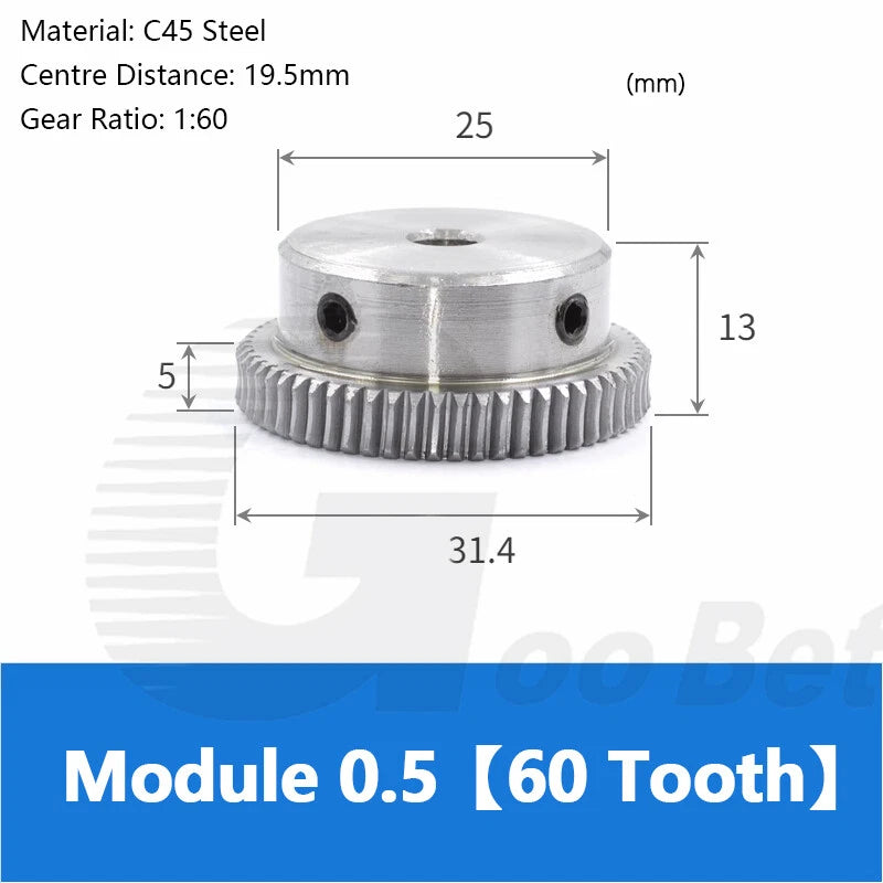 Module 0.5 Metal Worm Shaft Worm Gear Wheel C45 Steel 20/25/30/35/40/50/60 Tooth
