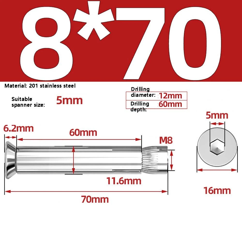 M6–M12 Countersunk Expansion Bolts | 201 Stainless Steel Hex Socket Sleeve Anchors