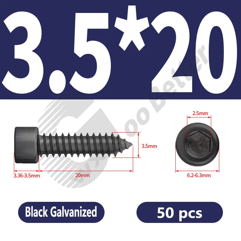 M1.7 M2 M2.3 M2.6 M3 M3.5 M4 M5 M6 Socket Head Self‑Tapping Screws – Alloy Steel, Nickel or Black Zinc