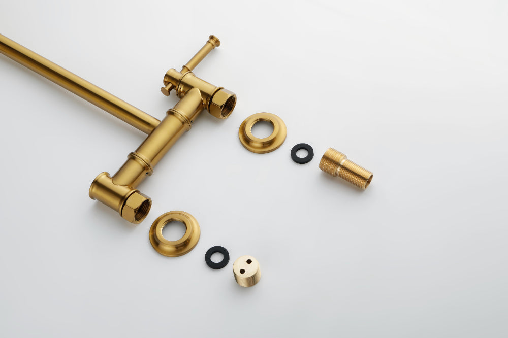 Wall Mounted Pot Filler Faucet โ Brushed Gold, Two-Attachment Folding Swing Arm, Dual Handle, Solid Brass