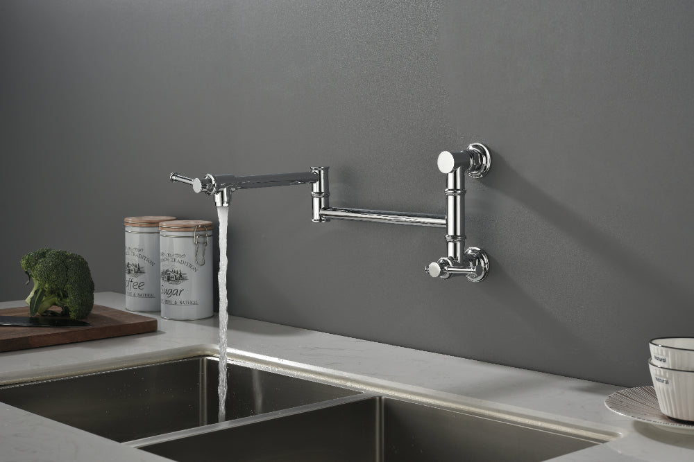 Wall Mounted Pot Filler Faucet – Chrome, Two-Attachment Folding Swing Arm, Dual Handle, Solid Brass