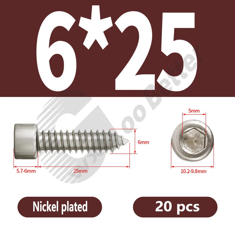 M1.7 M2 M2.3 M2.6 M3 M3.5 M4 M5 M6 Socket Head Self‑Tapping Screws – Alloy Steel, Nickel or Black Zinc