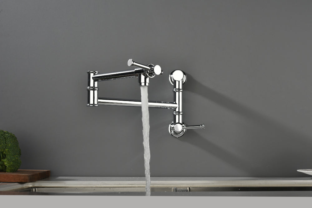 Wall Mounted Pot Filler Faucet – Chrome, Two-Attachment Folding Swing Arm, Dual Handle, Solid Brass