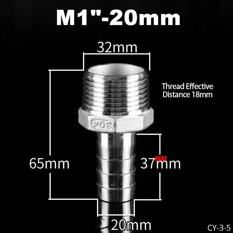 BSP Male Thread Barb Hose Tail Connector 304 Stainless Steel — 1" to 3"