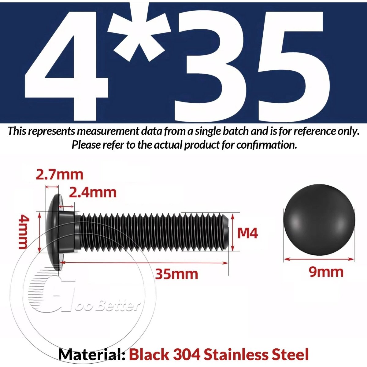Black Carriage Bolts M3 M4 M5 M6 — Cup Square Domed Head, A2 - 70 Stainless Steel - HomeDIYer