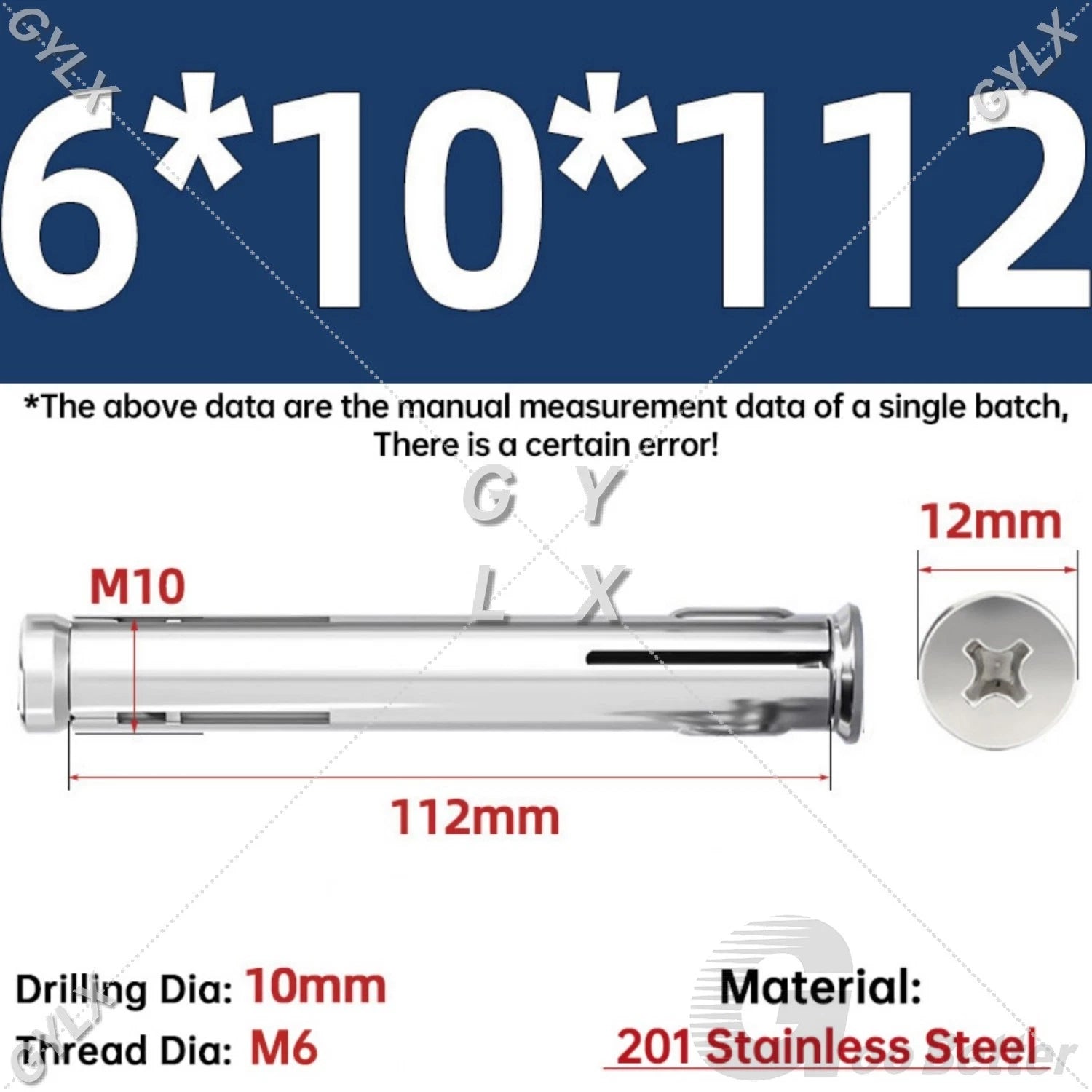 M6 Countersunk Sleeve Anchor Expansion Bolts — 304 / 201 Stainless Steel, Cross Drive