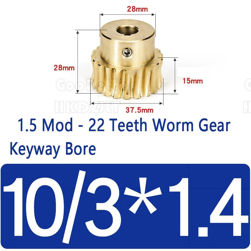 Mod 1.5 Worm Gear Wheel Brass 22 Tooth Worm Shaft Steel C45 Bore 8 mm - 15 mm