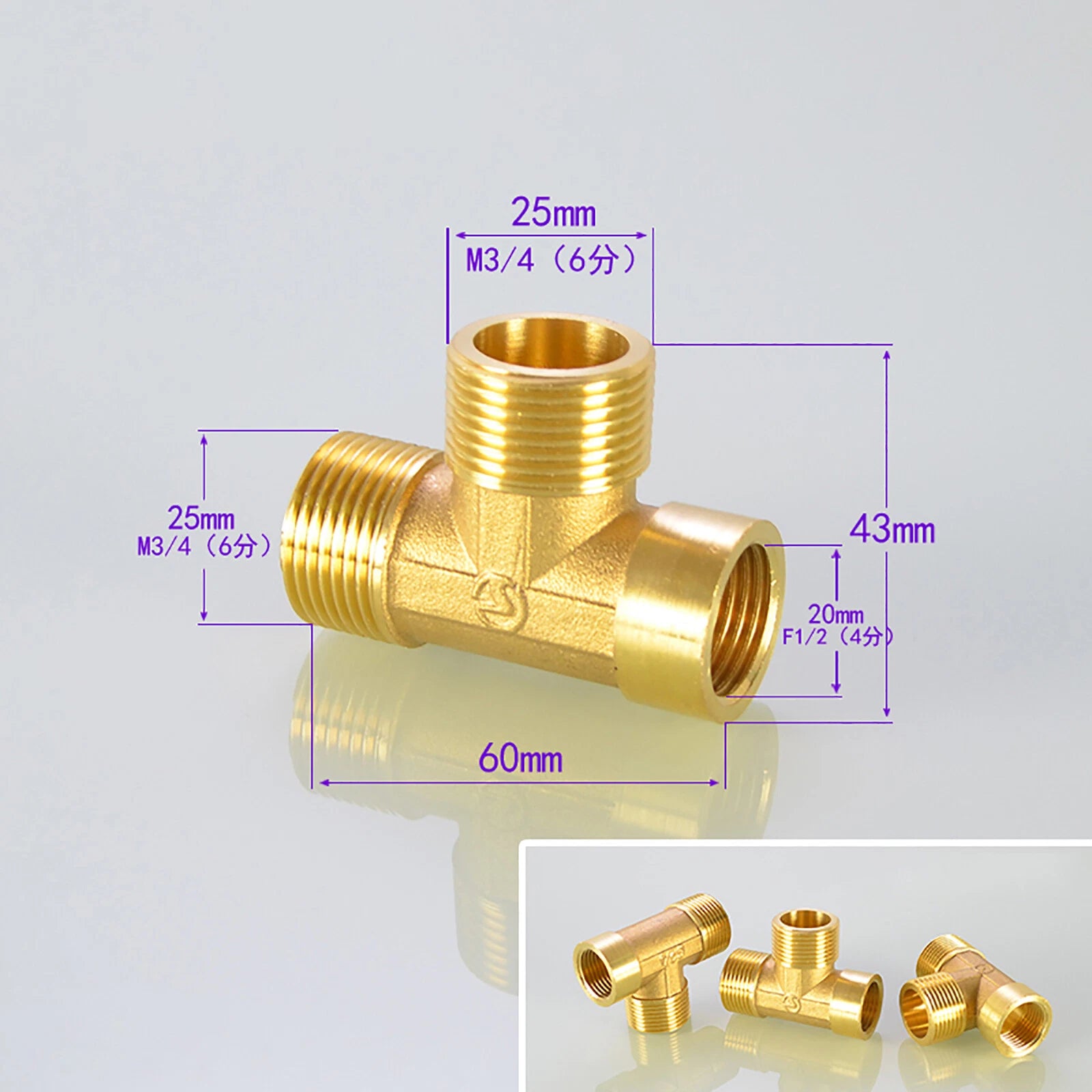 Brass T Tee Pipe Fitting — Female & Male NPT Thread, 3/4" to 2"