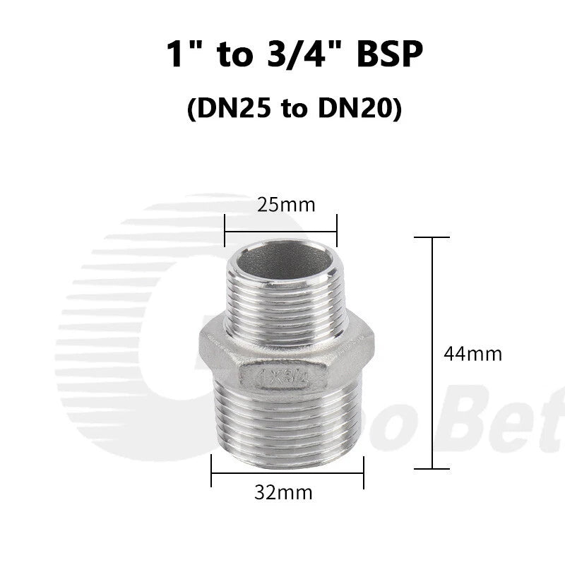 304 Stainless Steel Reducing Hex Nipple BSP Male Thread Pipe Fitting | 1/8" to 2"
