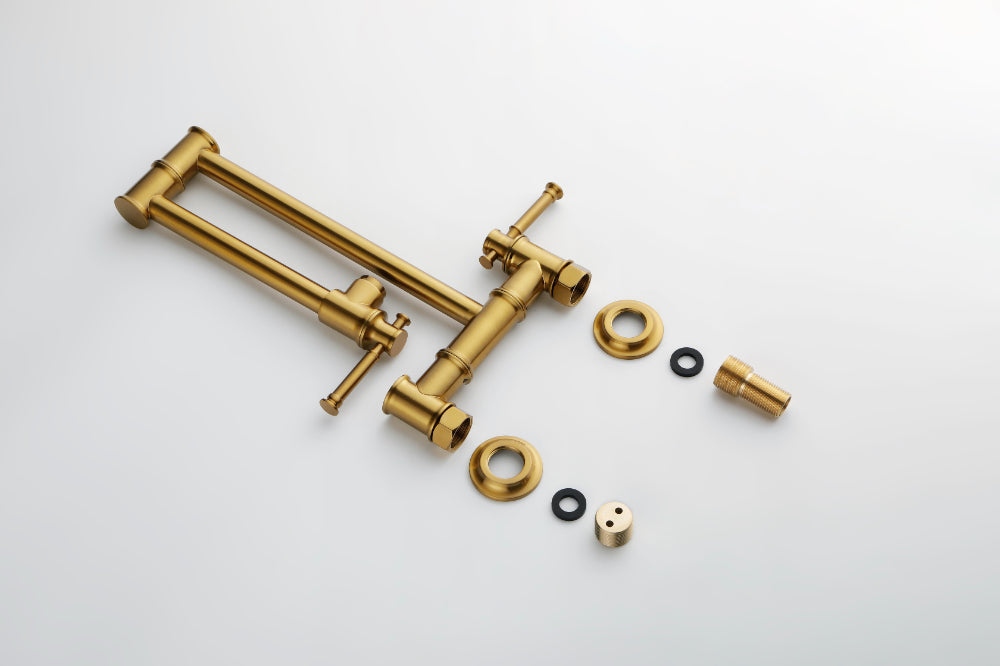 Wall Mounted Pot Filler Faucet โ Brushed Gold, Two-Attachment Folding Swing Arm, Dual Handle, Solid Brass