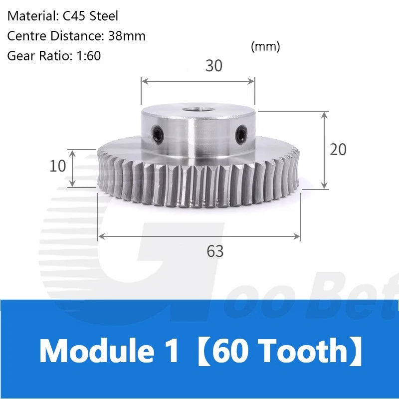 Module 1 Metal Worm Gear Wheel Worm Shaft 15/20/25/30/35/40/50/60 Teeth 45 Steel