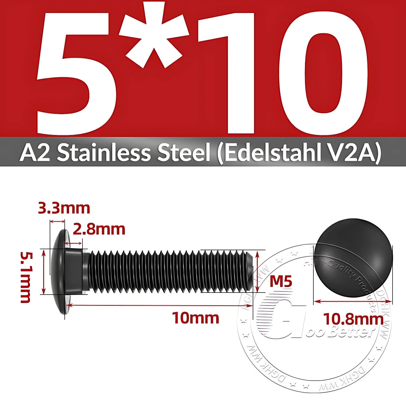 Black Stainless Steel Carriage Bolts M3–M12 | A2 Cup Square Dome Screws