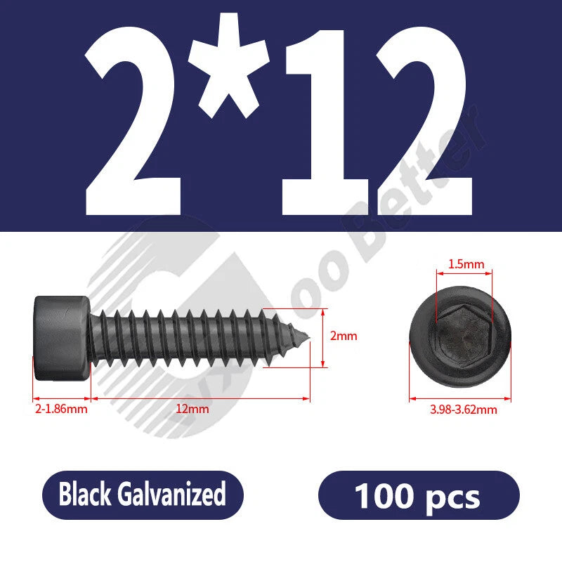 M1.7 M2 M2.3 M2.6 M3 M3.5 M4 M5 M6 Socket Head Self‑Tapping Screws – Alloy Steel, Nickel or Black Zinc
