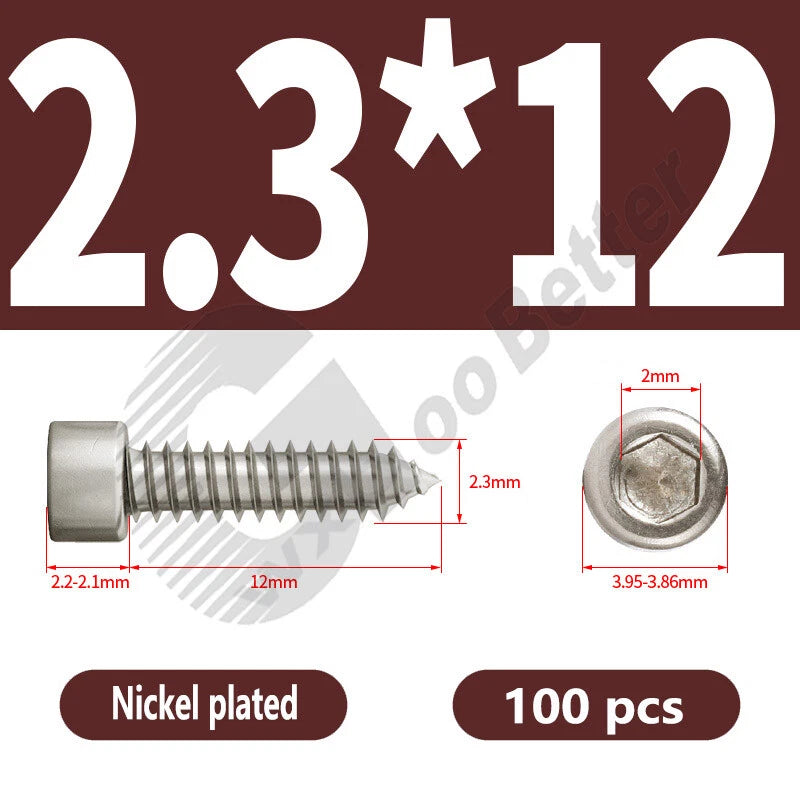 M1.7 M2 M2.3 M2.6 M3 M3.5 M4 M5 M6 Socket Head Self‑Tapping Screws – Alloy Steel, Nickel or Black Zinc
