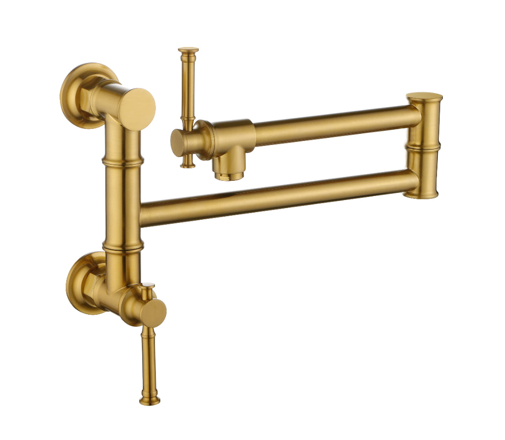 Wall Mounted Pot Filler Faucet – Brushed Gold, Two-Attachment Folding Swing Arm, Dual Handle, Solid Brass