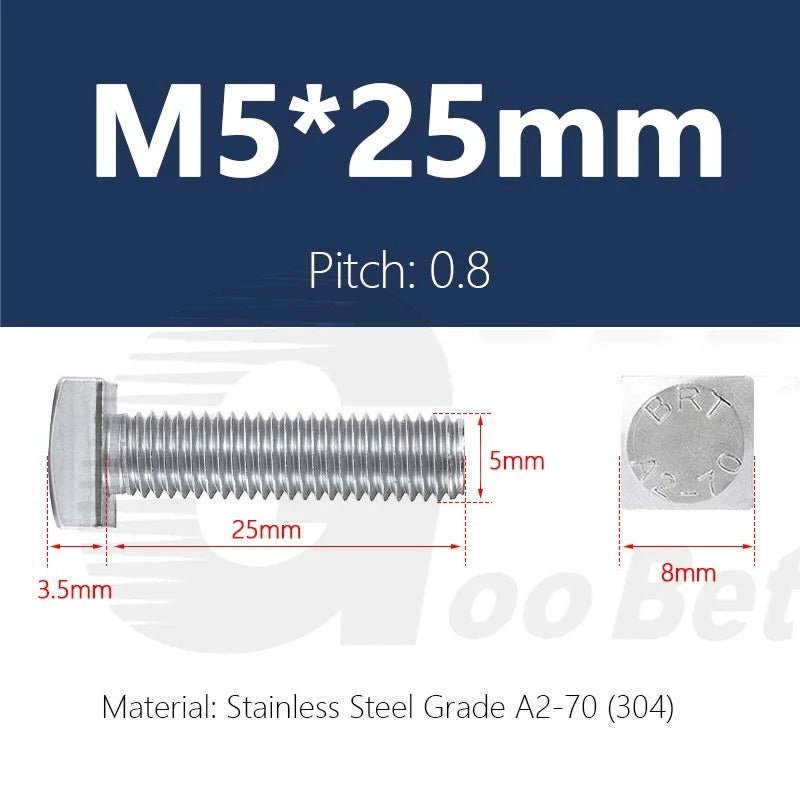 M5 T - Bolt Square Head Screws — Stainless Steel 304 (A2) for T - Slot Aluminum Extrusion Profiles - HomeDIYer