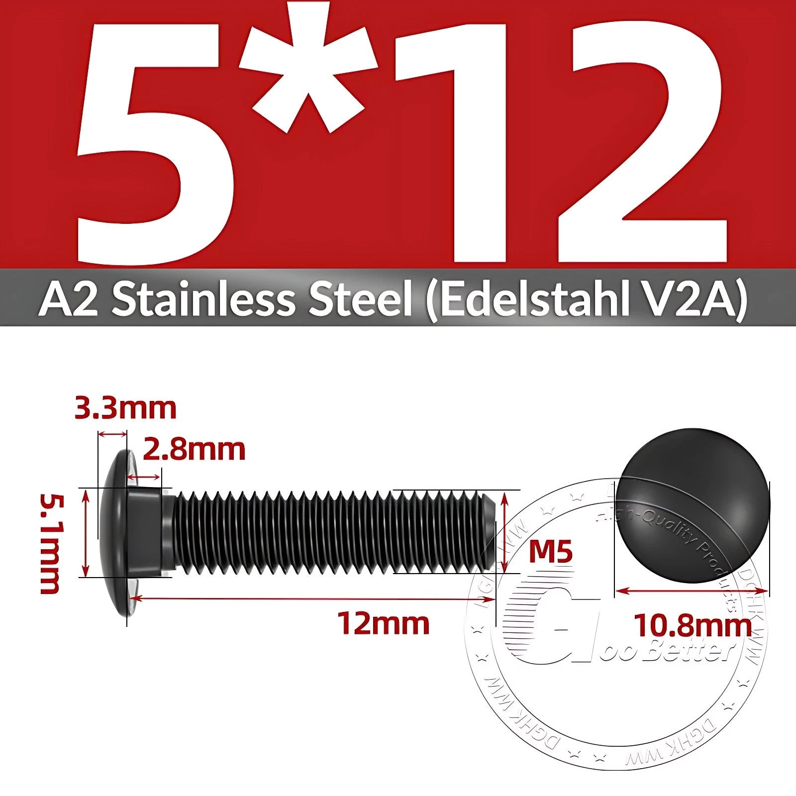 Black Stainless Steel Carriage Bolts M3–M12 | A2 Cup Square Dome Screws