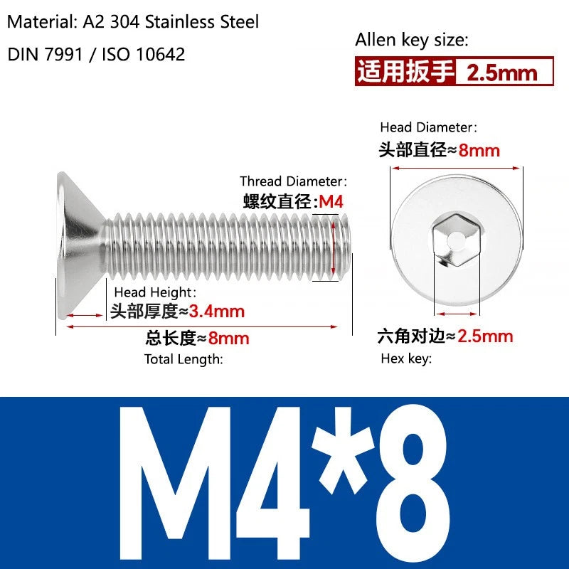 A2 Stainless Steel Socket Countersunk Screws – ISO 10642, M3 M4 M5