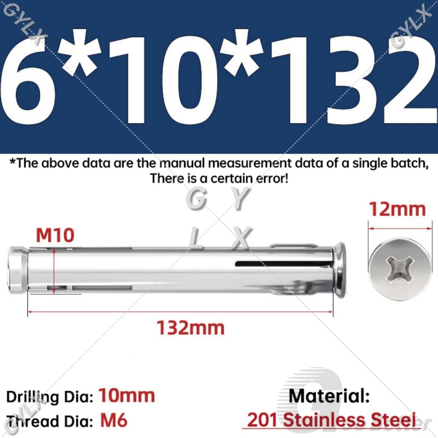 M6 Countersunk Sleeve Anchor Expansion Bolts — 304 / 201 Stainless Steel, Cross Drive