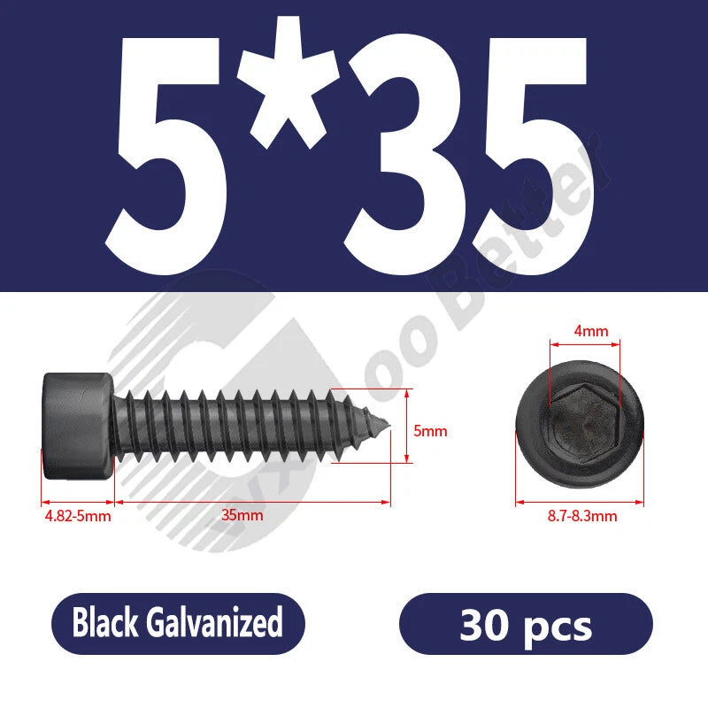 M1.7 M2 M2.3 M2.6 M3 M3.5 M4 M5 M6 Socket Head Self‑Tapping Screws – Alloy Steel, Nickel or Black Zinc