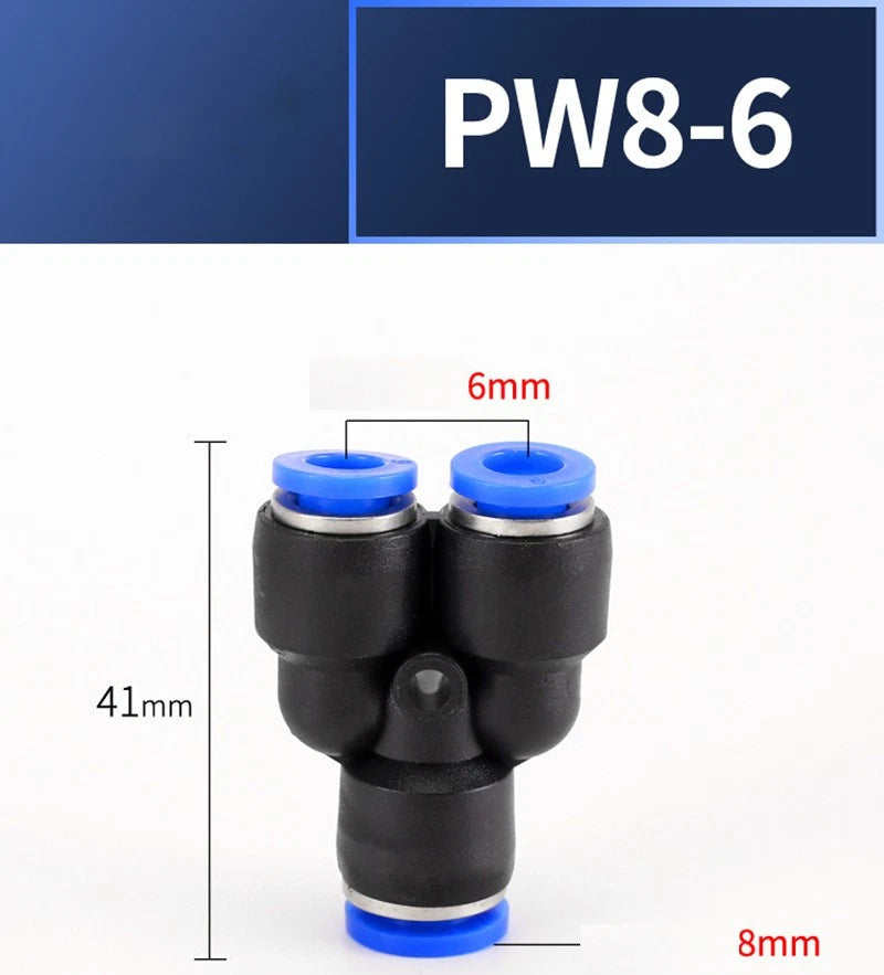 Plastic Pneumatic Hose Splitter Connector — Y-Shape PY & Equal Tee PW Fittings